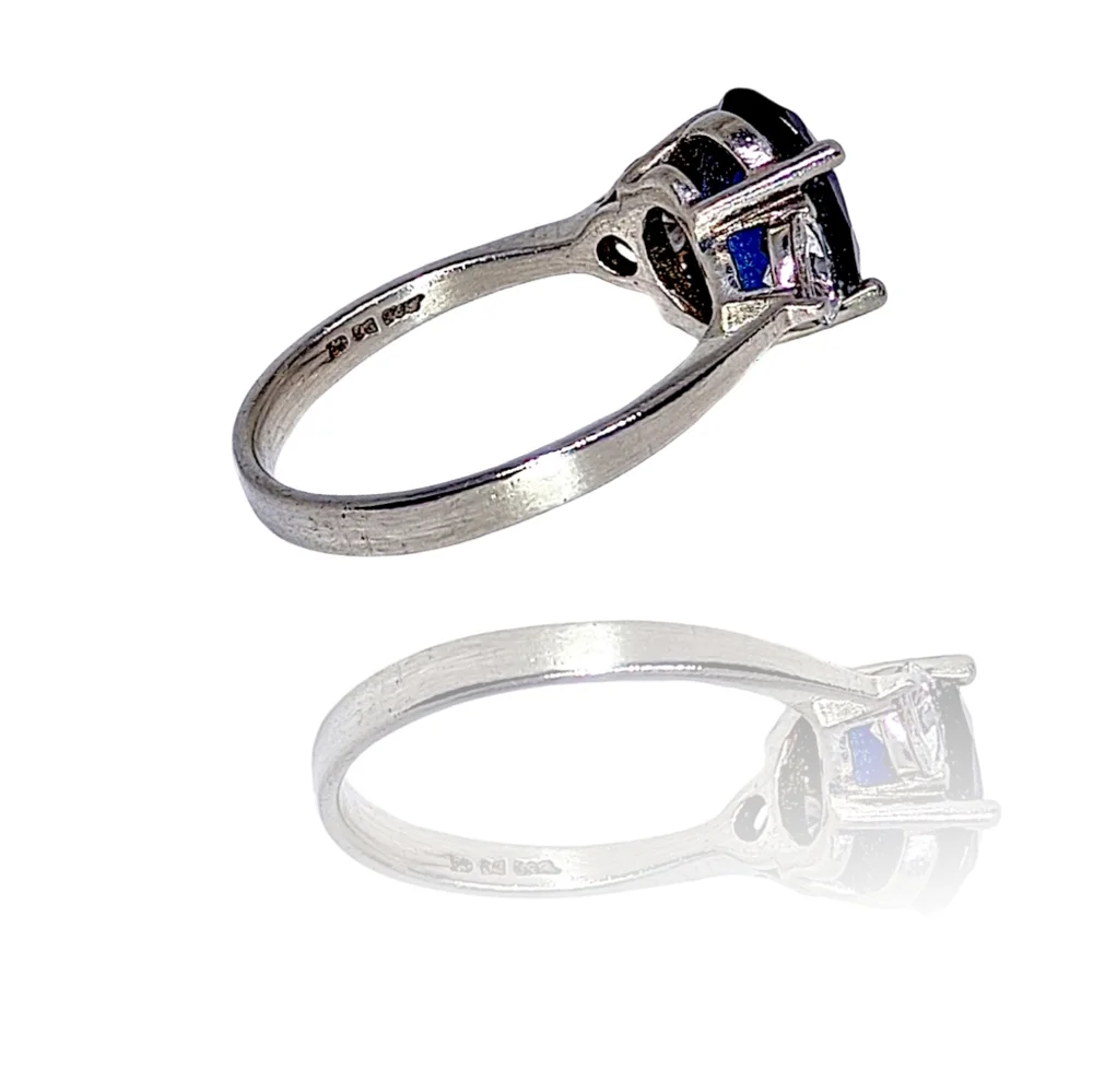 DQ CZ 925 Silver Ring with Blue Sapphire CZ Center Stone & Round Shinny Clear CZ